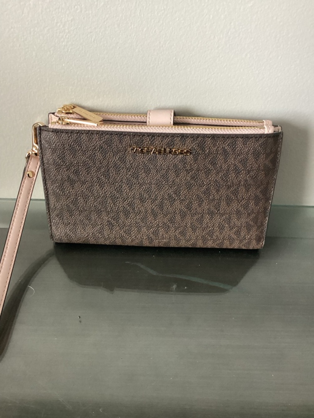Michael Kors Brown Signature Wristlet with Pale Pink Trim